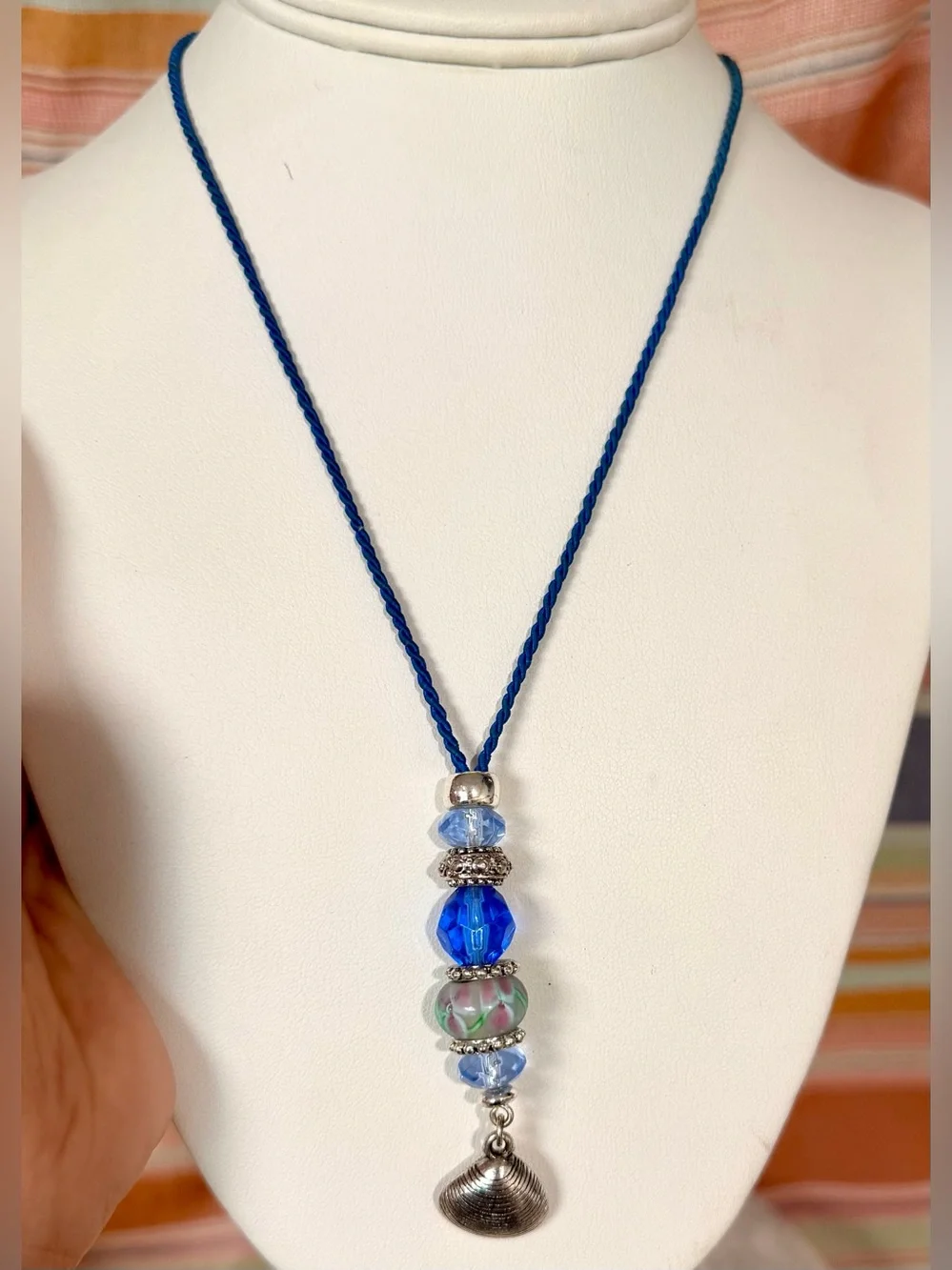 Handcrafted Blue Glass Bead Pendant Necklace with Silver Shell Charm